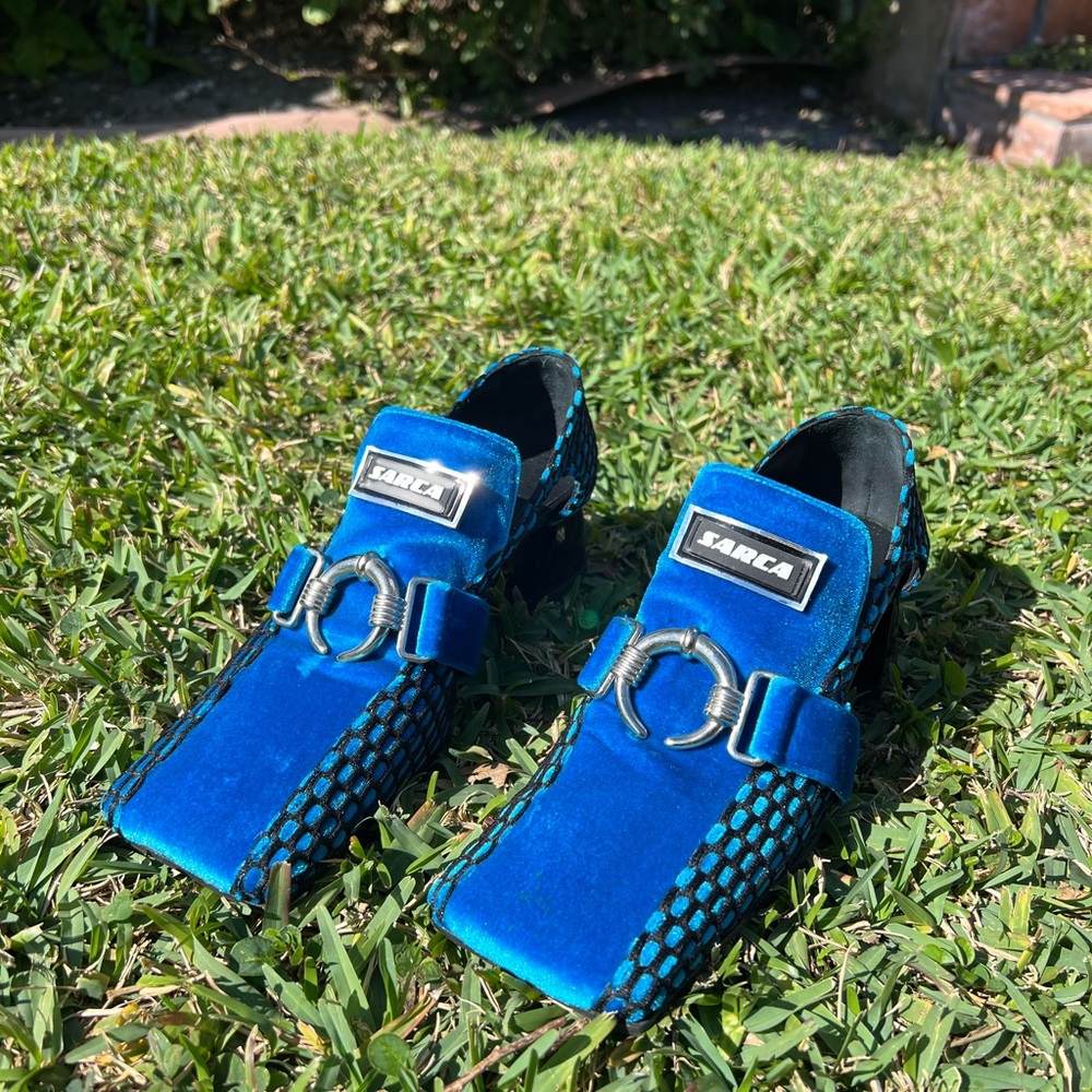 Ancuta Sarca Blue Velvet Loafers with Silver Accents